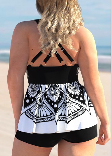 Black plus size,Tribal plus size,ROTITA Tribal Print Plus Size Mesh Stitching Tankini Set