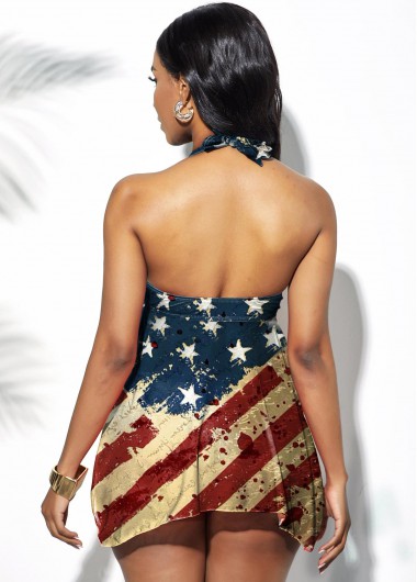 Multi Color swimwear,Flag swimwear,ROTITA Halter American Flag Print Asymmetric Hem Swimdress and Shorts