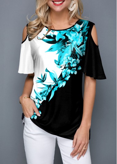 Multi Color tops,Floral tops,ROTITA Plant Print Color Block Cold Shoulder T Shirt
