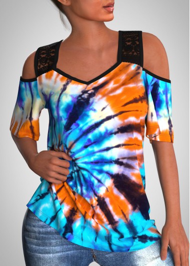 Multi Color tops,Tie Dye tops,ROTITA Lace Stitching Tie Dye Print Half Sleeve T Shirt