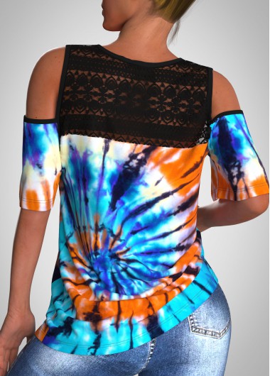 Multi Color tops,Tie Dye tops,ROTITA Lace Stitching Tie Dye Print Half Sleeve T Shirt