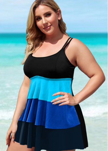 Multi Color plus size,Contrast Color plus size,ROTITA Layered Hem Plus Size Contrast Swimdress and Panty
