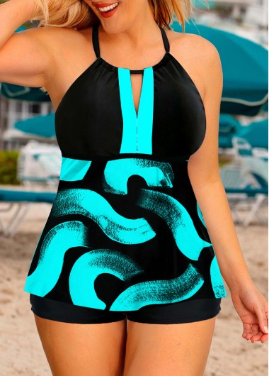 Cyan plus size,Floral plus size,ROTITA Cross Strap Plus Size Printed Tankini Set