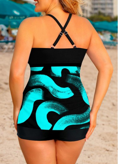 Cyan plus size,Floral plus size,ROTITA Cross Strap Plus Size Printed Tankini Set