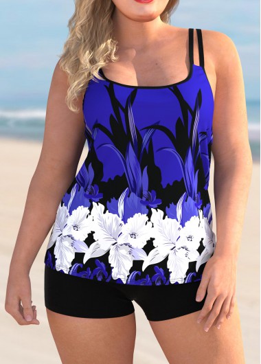 Purple plus size,Floral plus size,ROTITA Floral Print Plus Size Spaghetti Strap Tankini Set 
