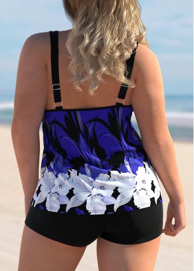 Purple plus size,Floral plus size,ROTITA Floral Print Plus Size Spaghetti Strap Tankini Set 