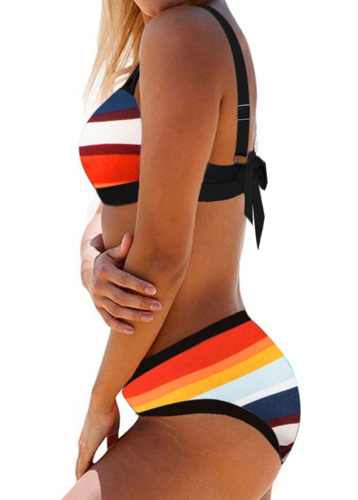 Multi Color swimwear,Striped swimwear,ROTITA Tie Back Multicolor Striped Spaghetti Strap Bikini Set