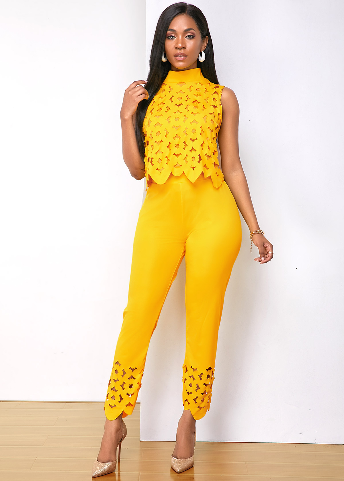 Sleeveless Mock Neck Pierced Top and Pants