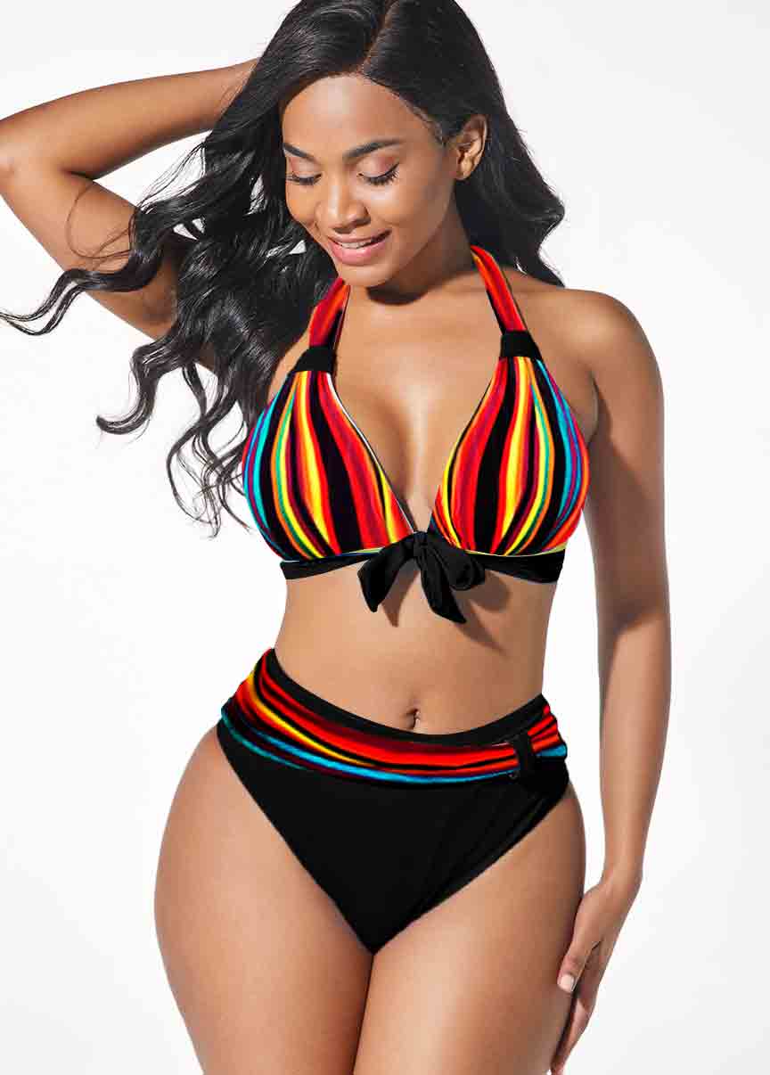 ROTITA Bowknot Rainbow Color Halter Bikini Set