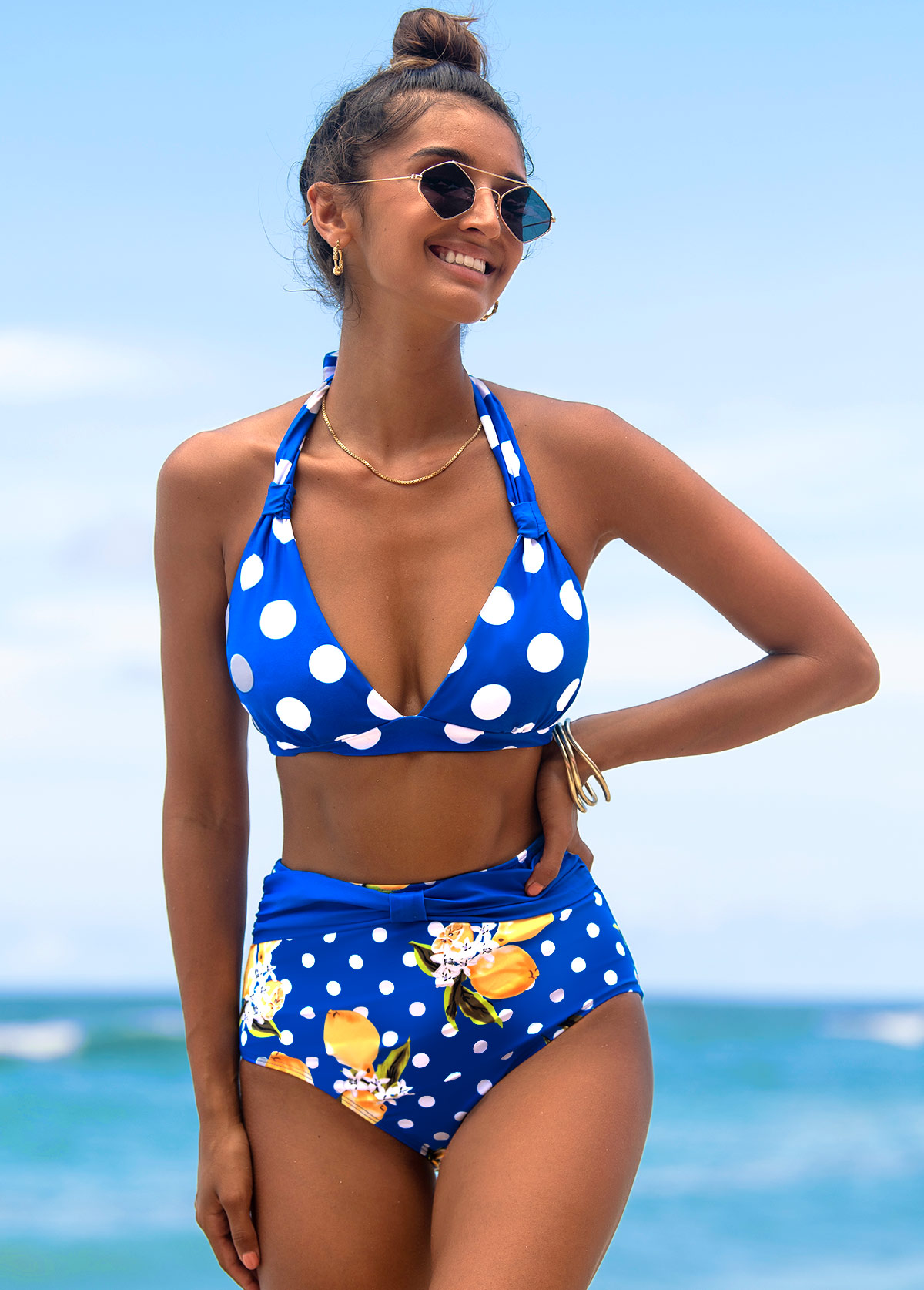 Blue swimwear,Dot swimwear,ROTITA Polka Dot High Waist Halter Bikini Set