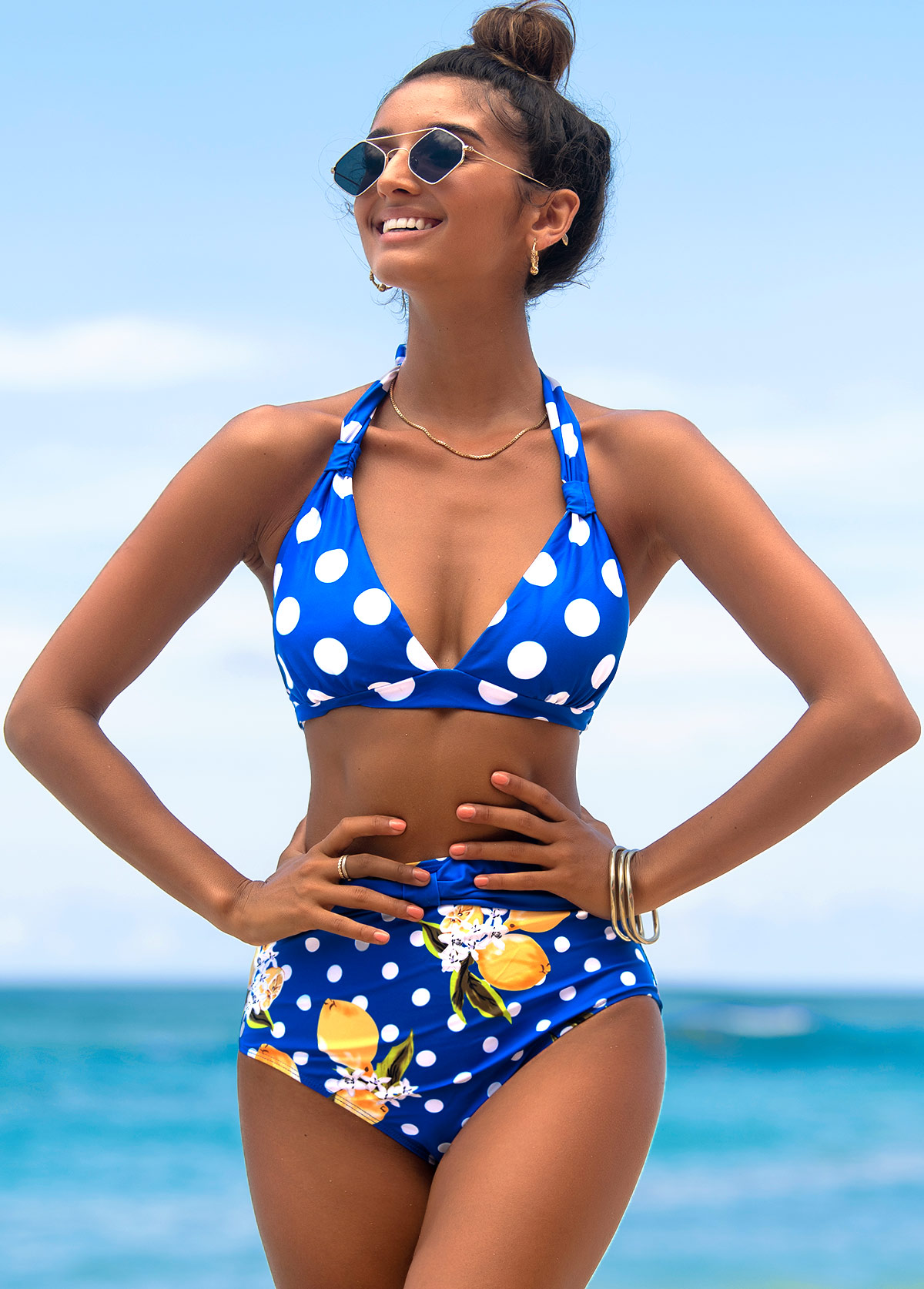 Blue swimwear,Dot swimwear,ROTITA Polka Dot High Waist Halter Bikini Set