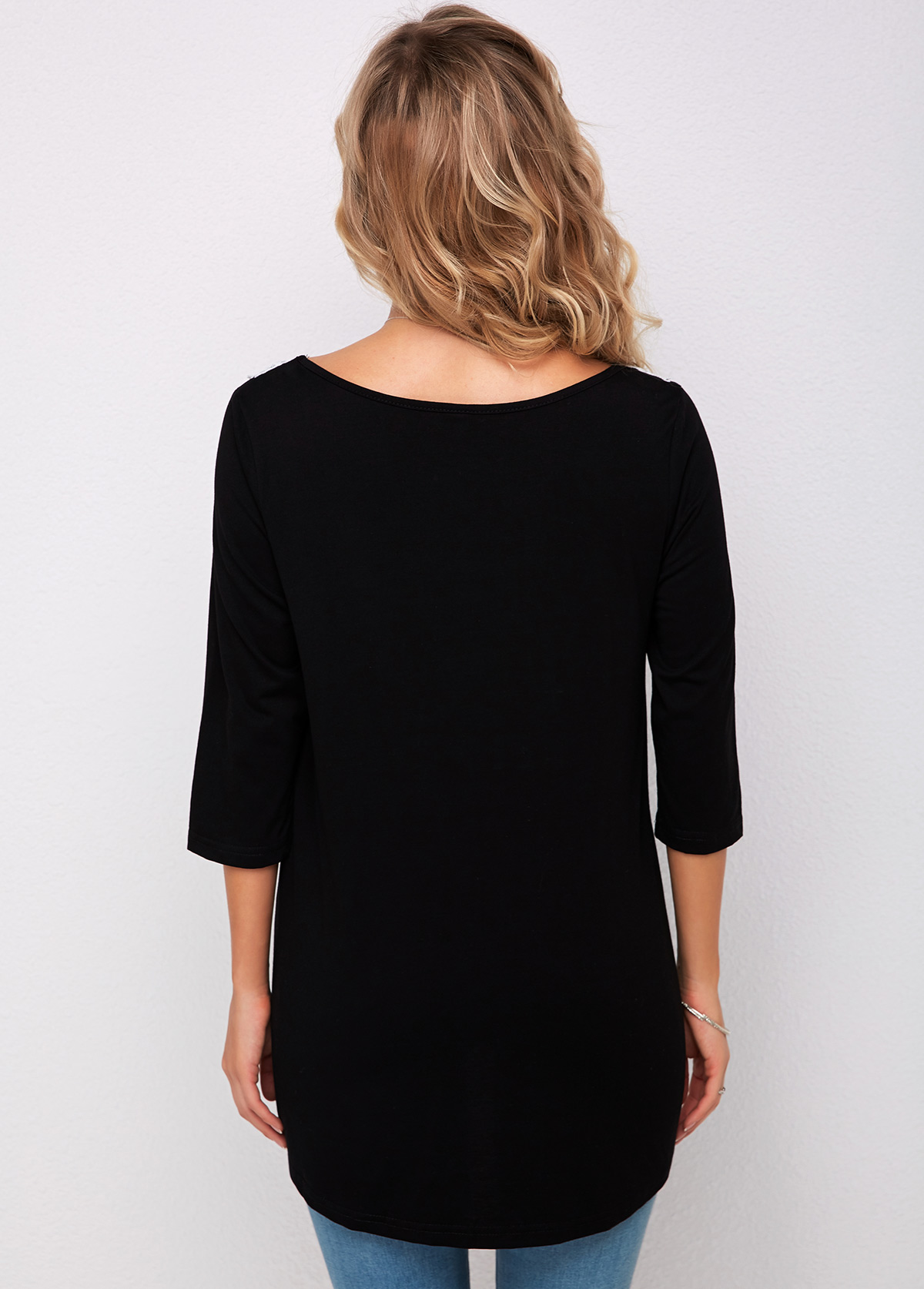 Black tops,Contrast Color tops,ROTITA 3/4 Sleeve Lace Stitching Decorative Button T Shirt