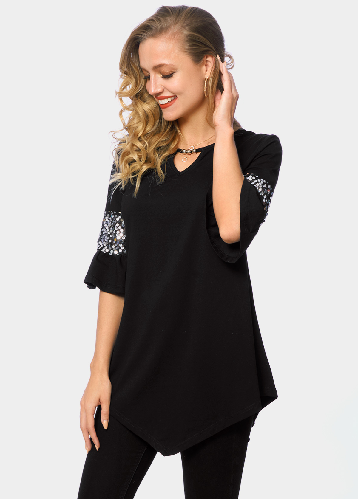 Black tops,Plain Color tops,ROTITA Asymmetric Hem Keyhole Neckline Sequin T Shirt