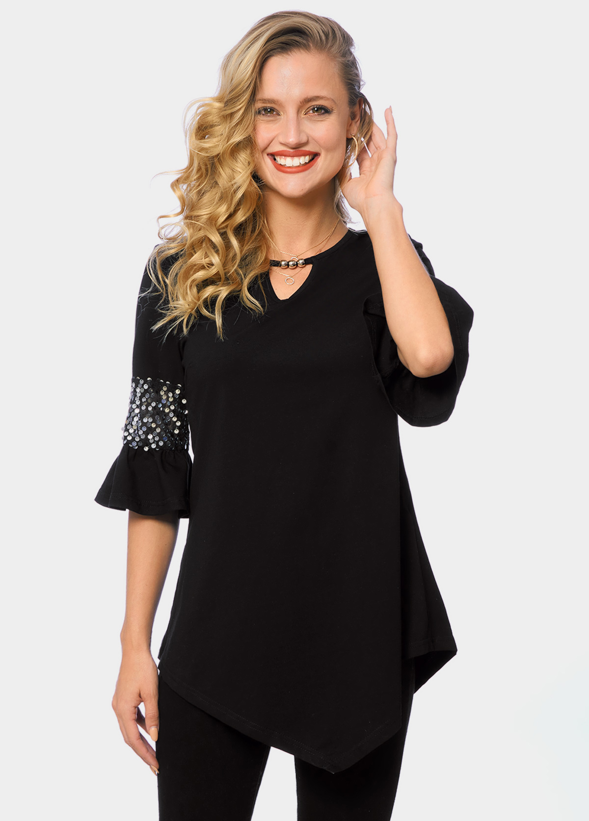 Black tops,Plain Color tops,ROTITA Asymmetric Hem Keyhole Neckline Sequin T Shirt