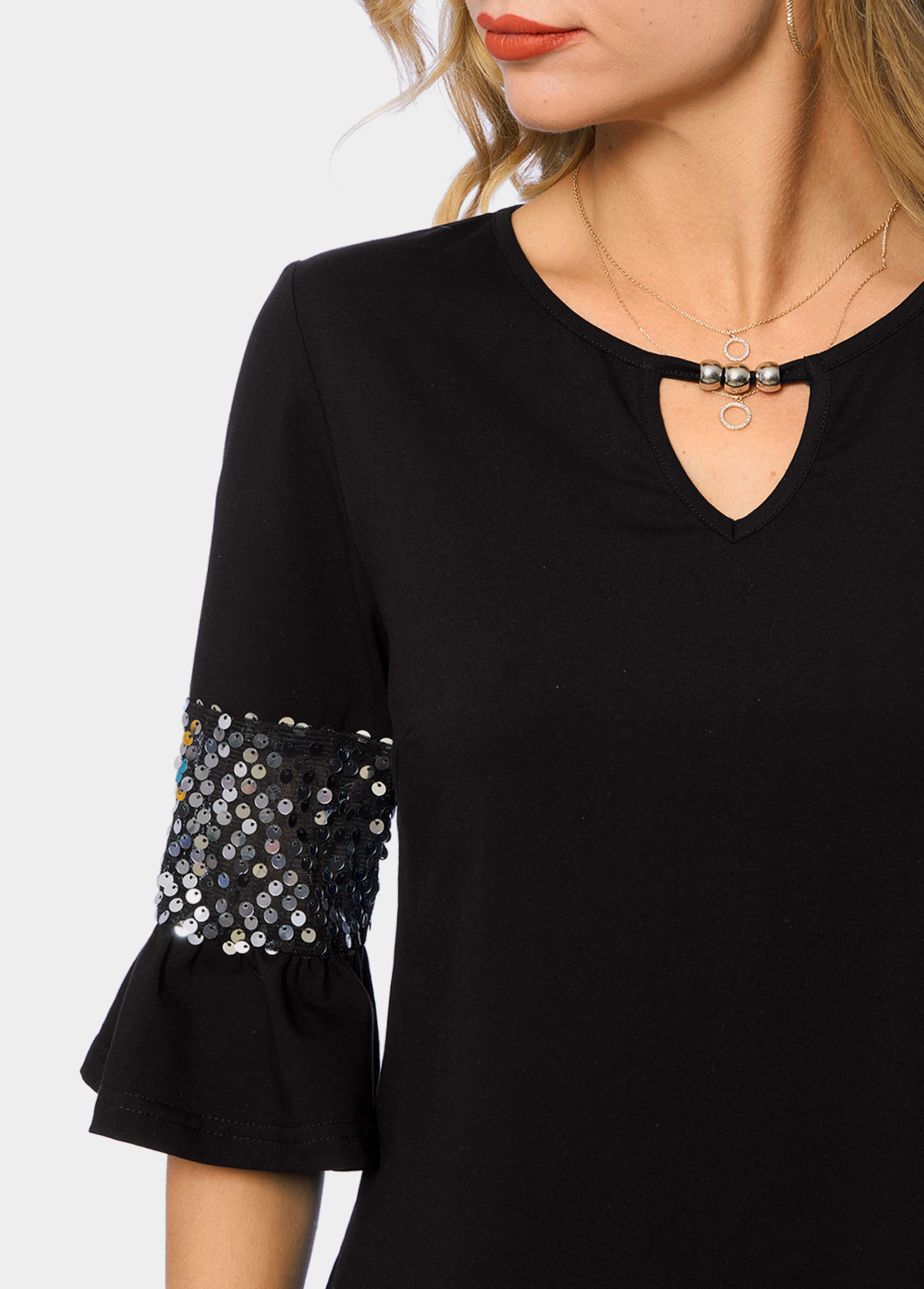 Black tops,Plain Color tops,ROTITA Asymmetric Hem Keyhole Neckline Sequin T Shirt