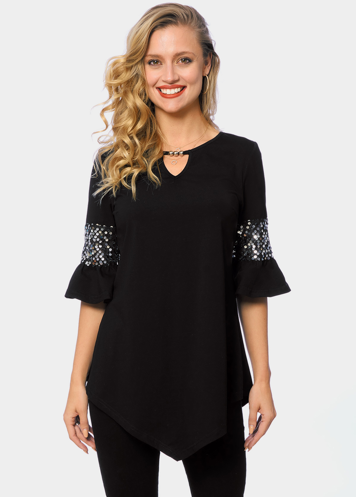 Black tops,Plain Color tops,ROTITA Asymmetric Hem Keyhole Neckline Sequin T Shirt