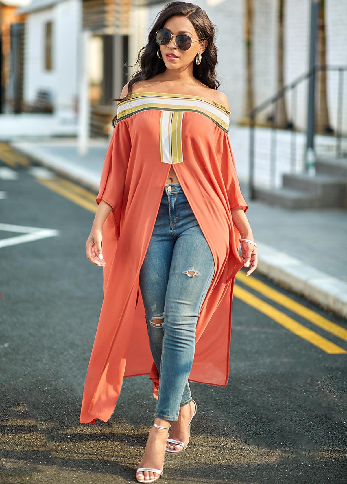 Brick Red tops,Striped tops,ROTITA Off Shoulder High Slit Striped Blouse