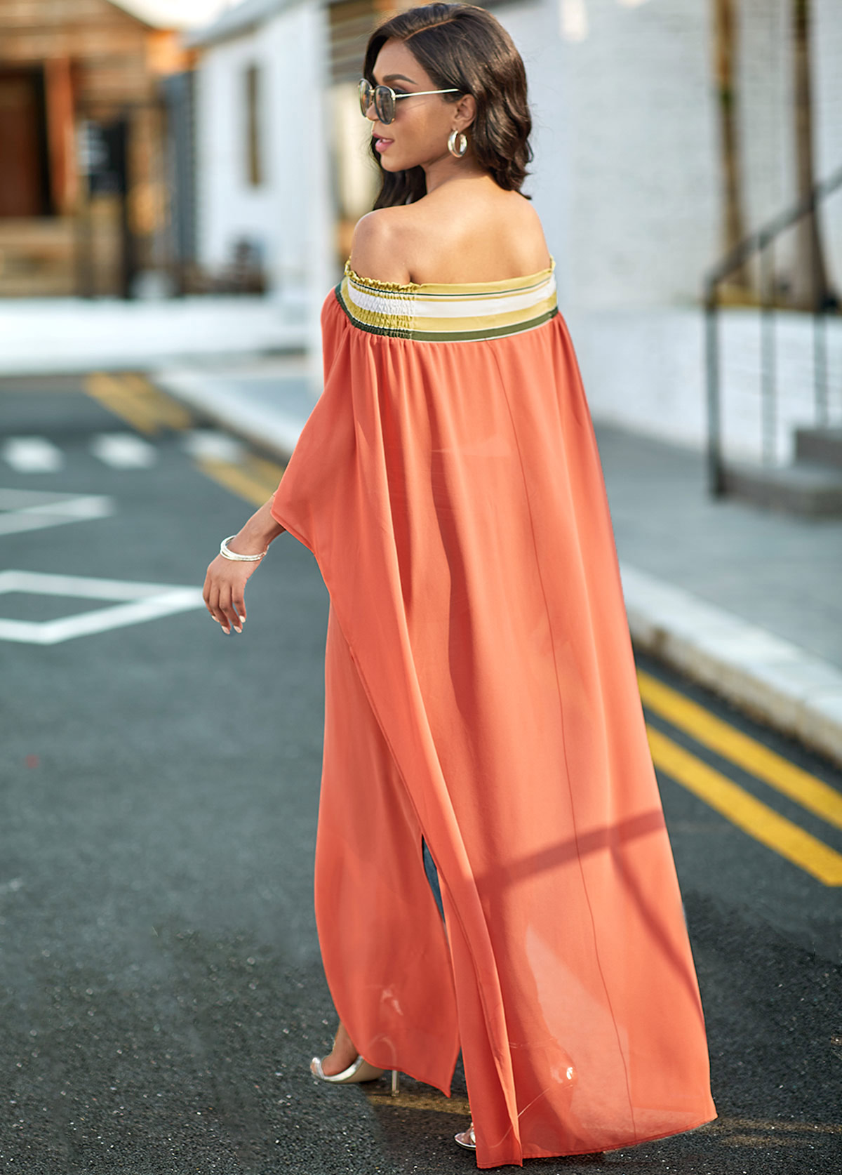 Brick Red tops,Striped tops,ROTITA Off Shoulder High Slit Striped Blouse