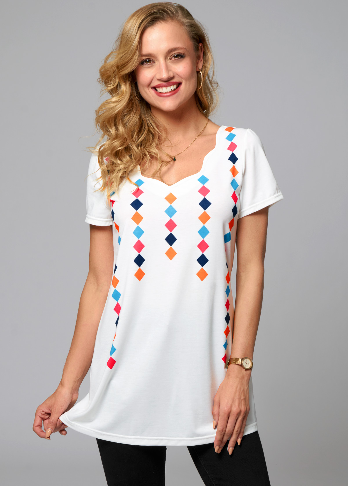 White tops,Geometric tops,ROTITA Short Sleeve Geometric Print T Shirt