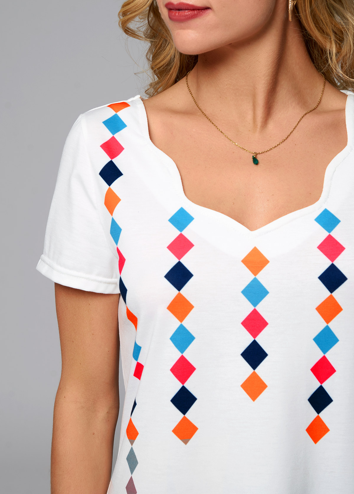 White tops,Geometric tops,ROTITA Short Sleeve Geometric Print T Shirt