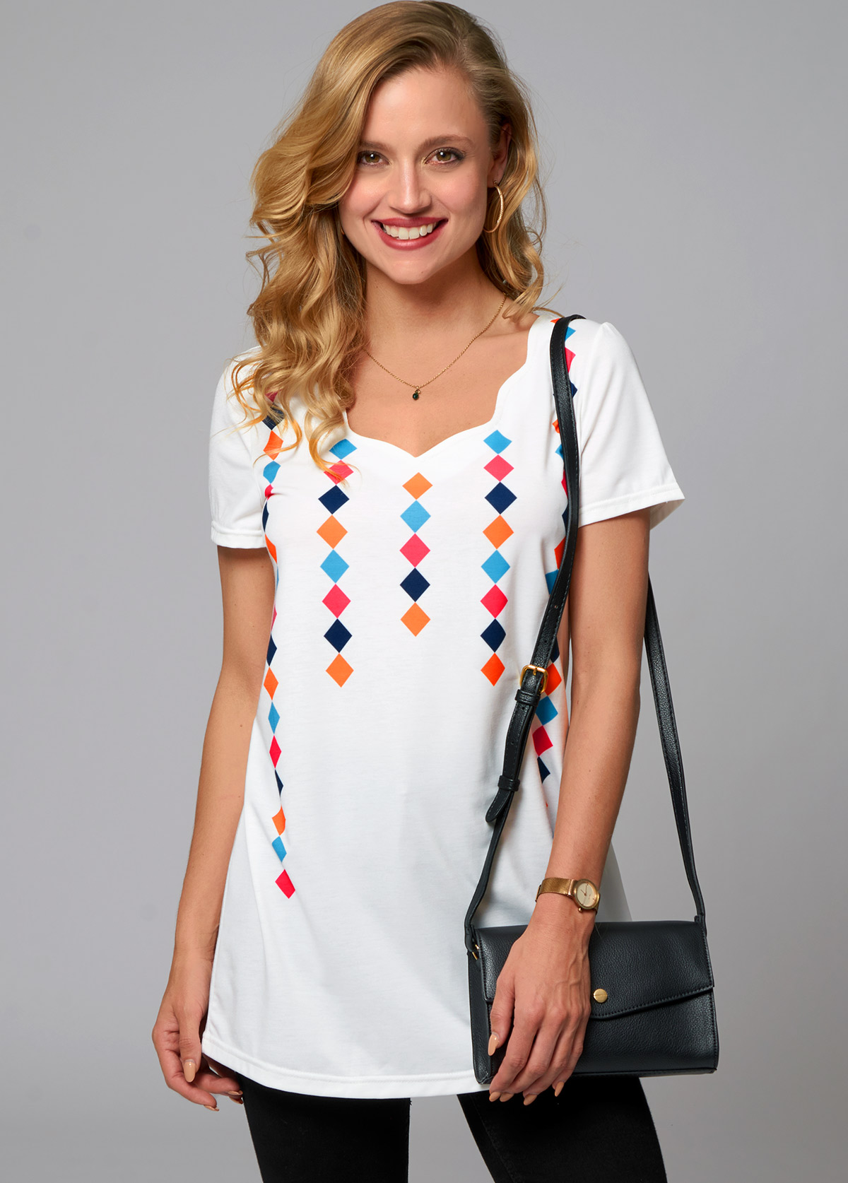 White tops,Geometric tops,ROTITA Short Sleeve Geometric Print T Shirt