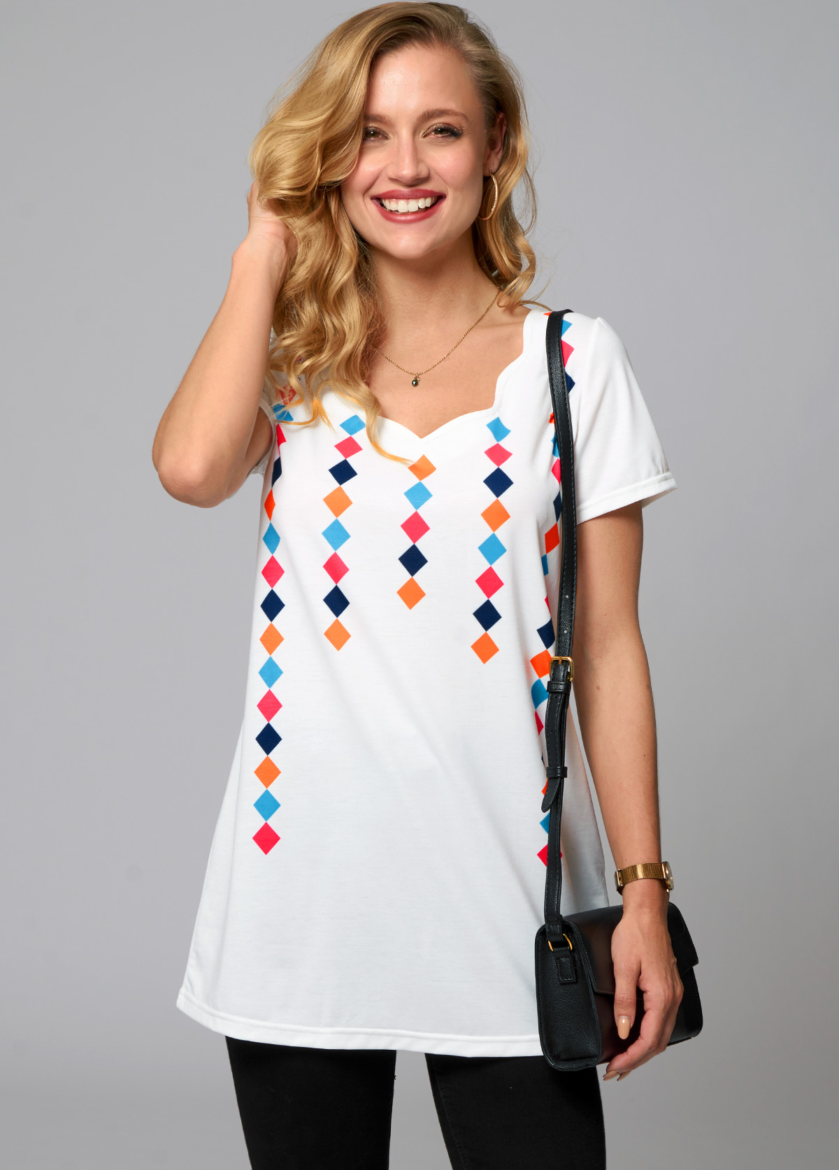 White tops,Geometric tops,ROTITA Short Sleeve Geometric Print T Shirt