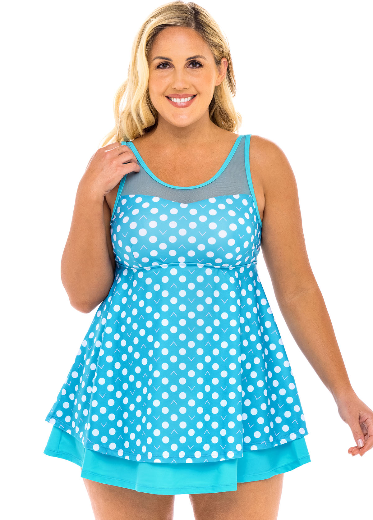 Cyan plus size,Dot plus size,ROTITA Polka Dot Plus Size Mesh Stitching Swimdress and Shorts
