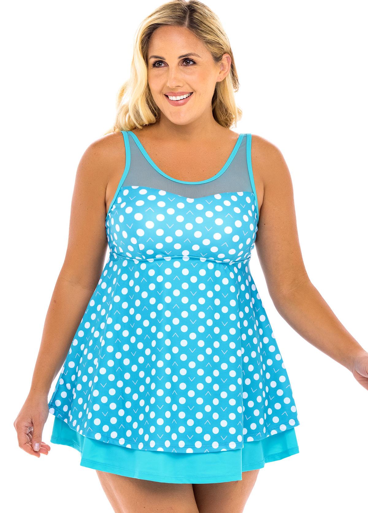 Cyan plus size,Dot plus size,ROTITA Polka Dot Plus Size Mesh Stitching Swimdress and Shorts