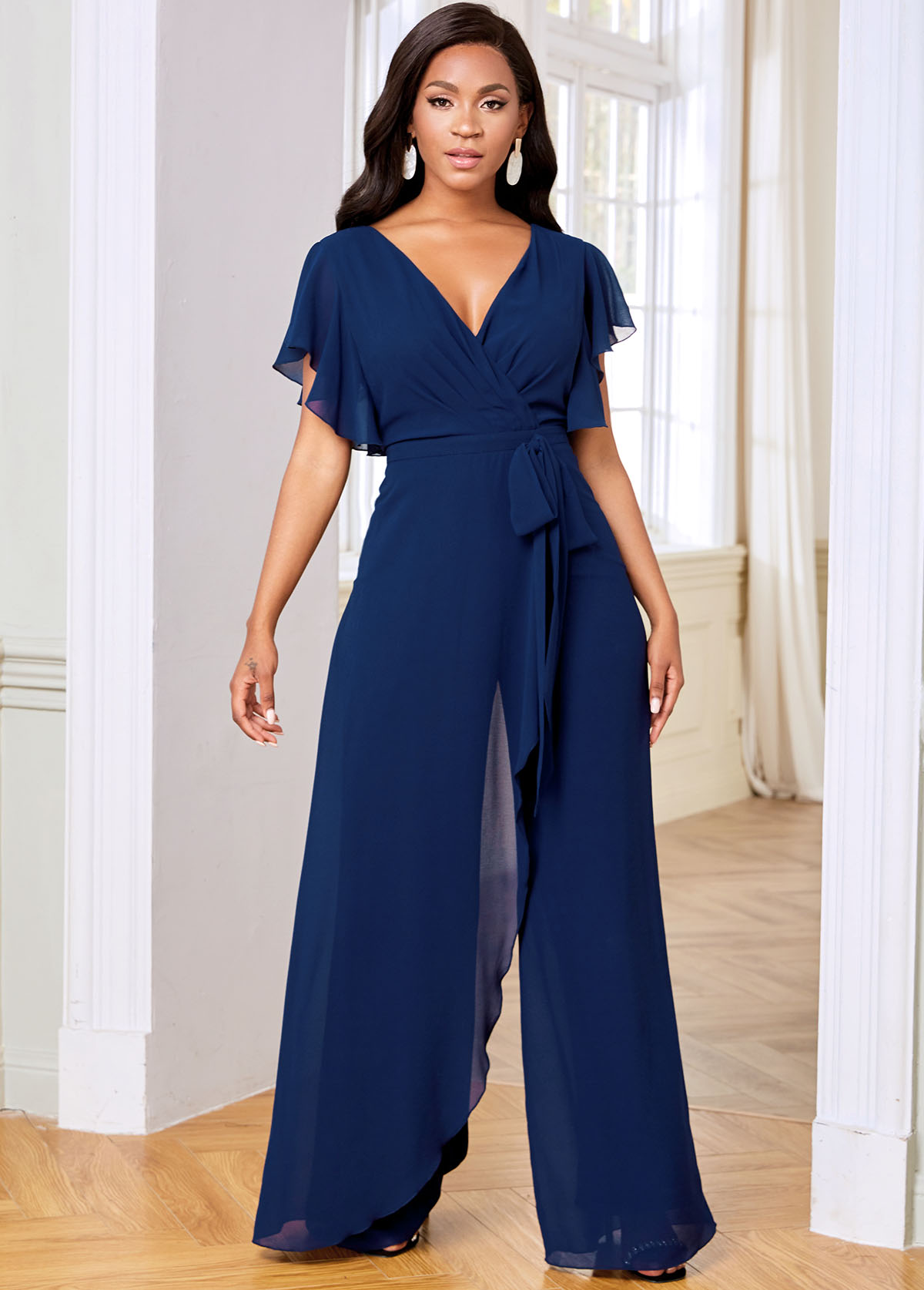 ROTITA Ruffle Sleeve V Neck Chiffon Overlay Jumpsuit