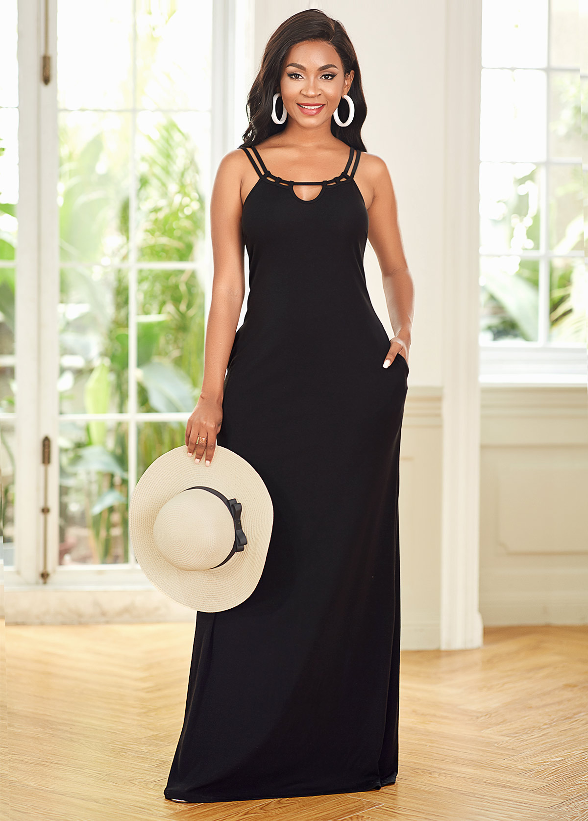 ROTITA Cutout Neck Spaghetti Strap Maxi Dress