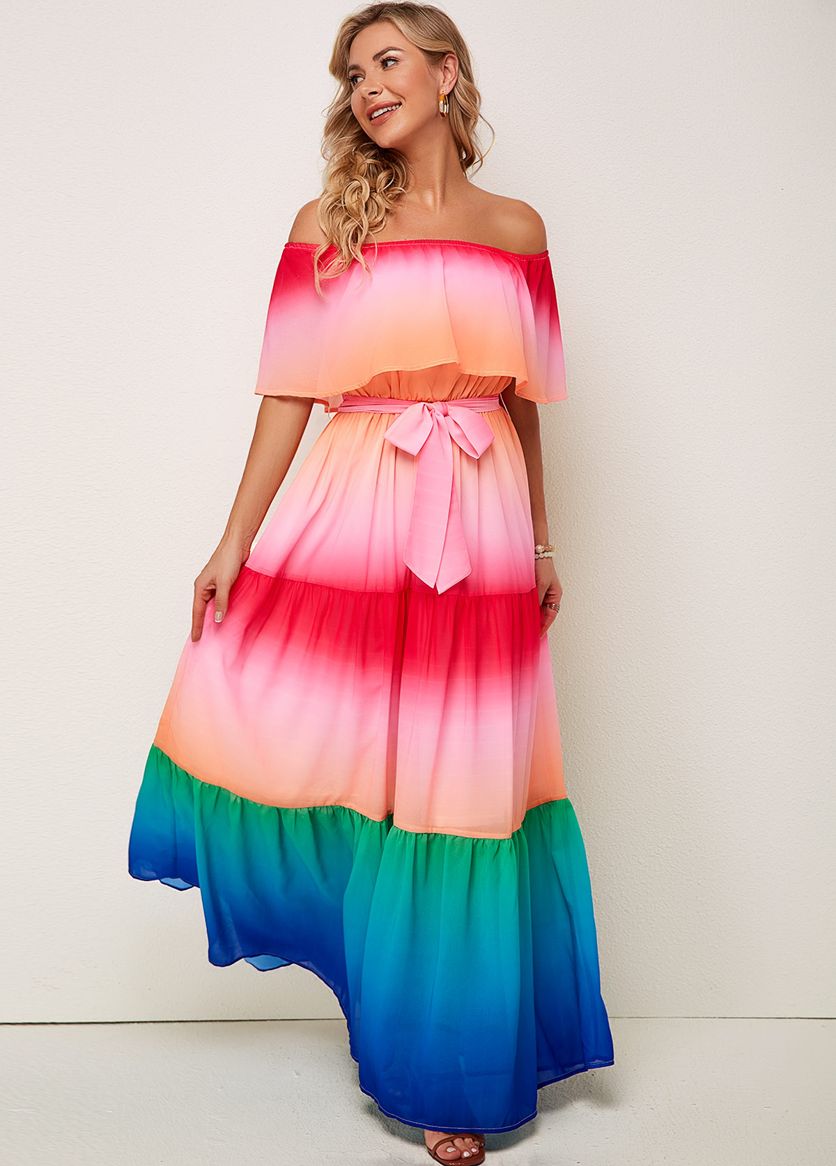 ROTITA Off Shoulder Rainbow Color Flounce Maxi Dress