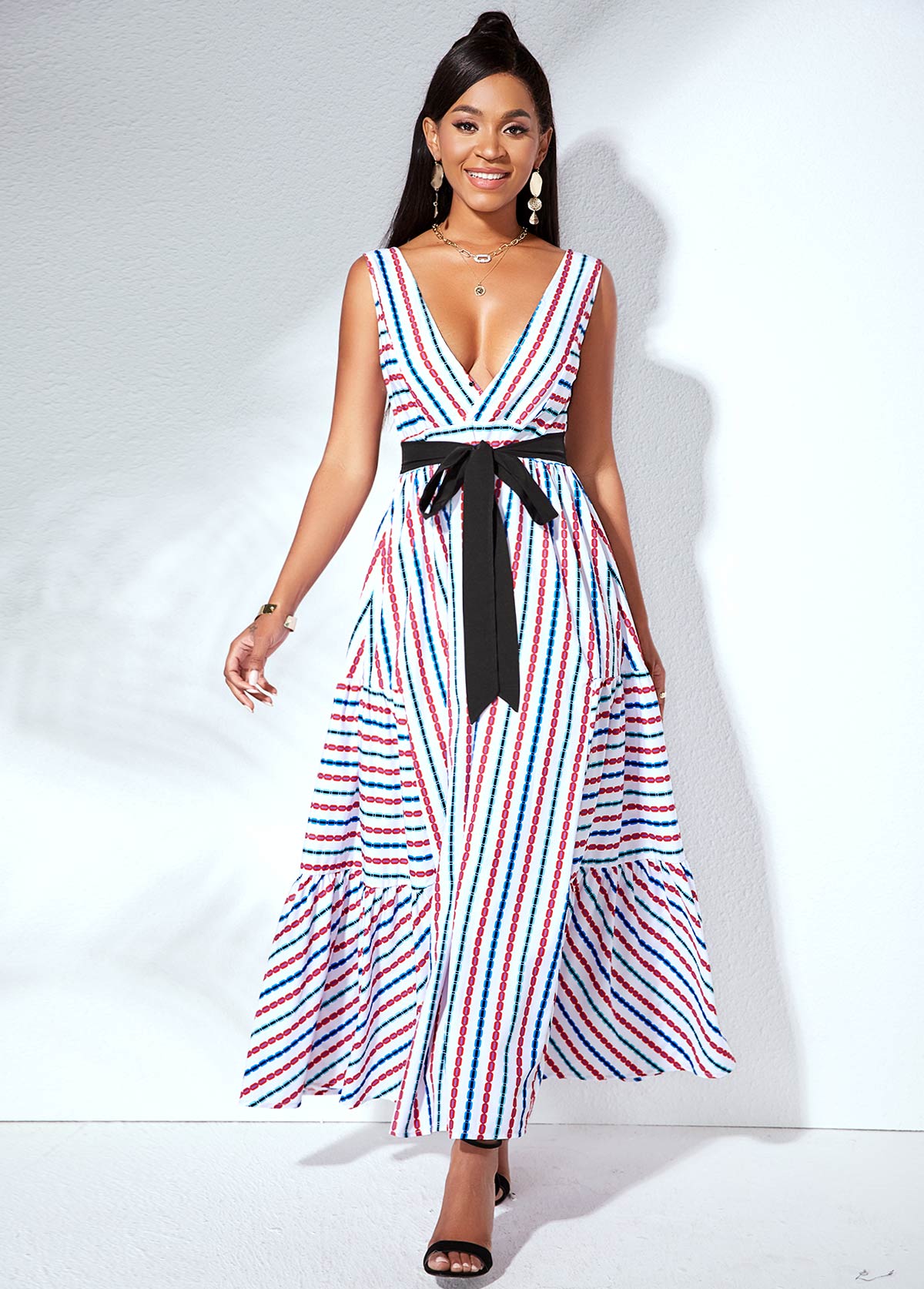 Multi Color dresses,Striped dresses,ROTITA Strip Print V Back Belted Swing Dress