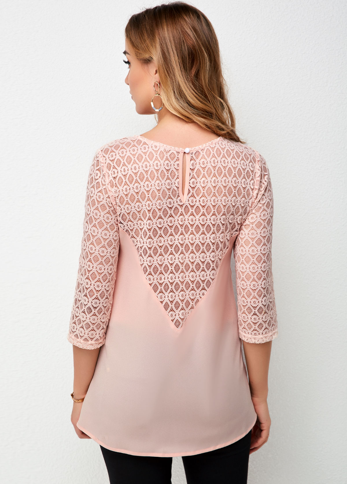 Light Pink tops,Plain Color tops,ROTITA Round Neck Lace Stitching 3/4 Sleeve T Shirt
