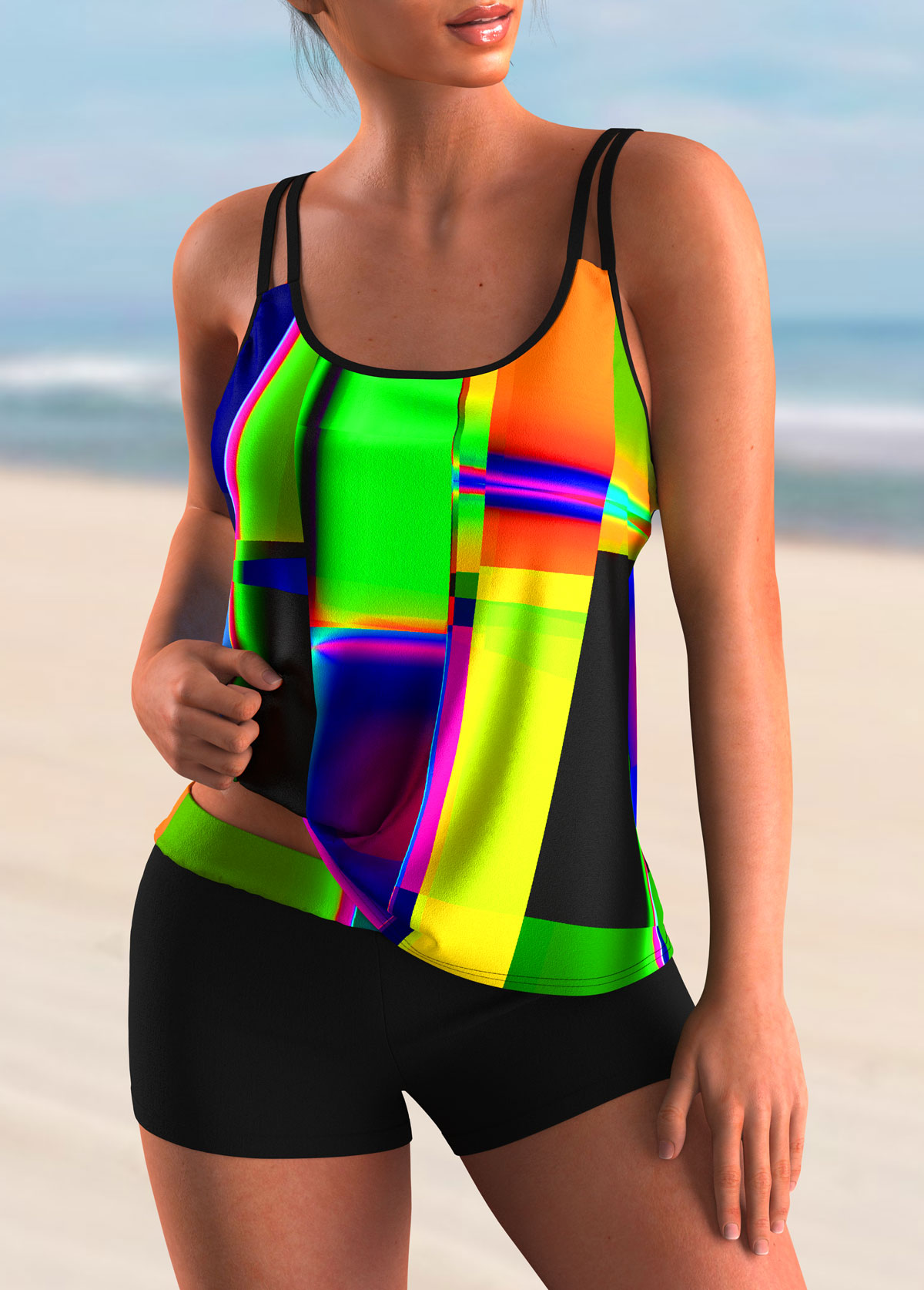 Multi Color swimwear,Dazzle Colorful swimwear,ROTITA Colorful Printed Spaghetti Strap Tankini Set