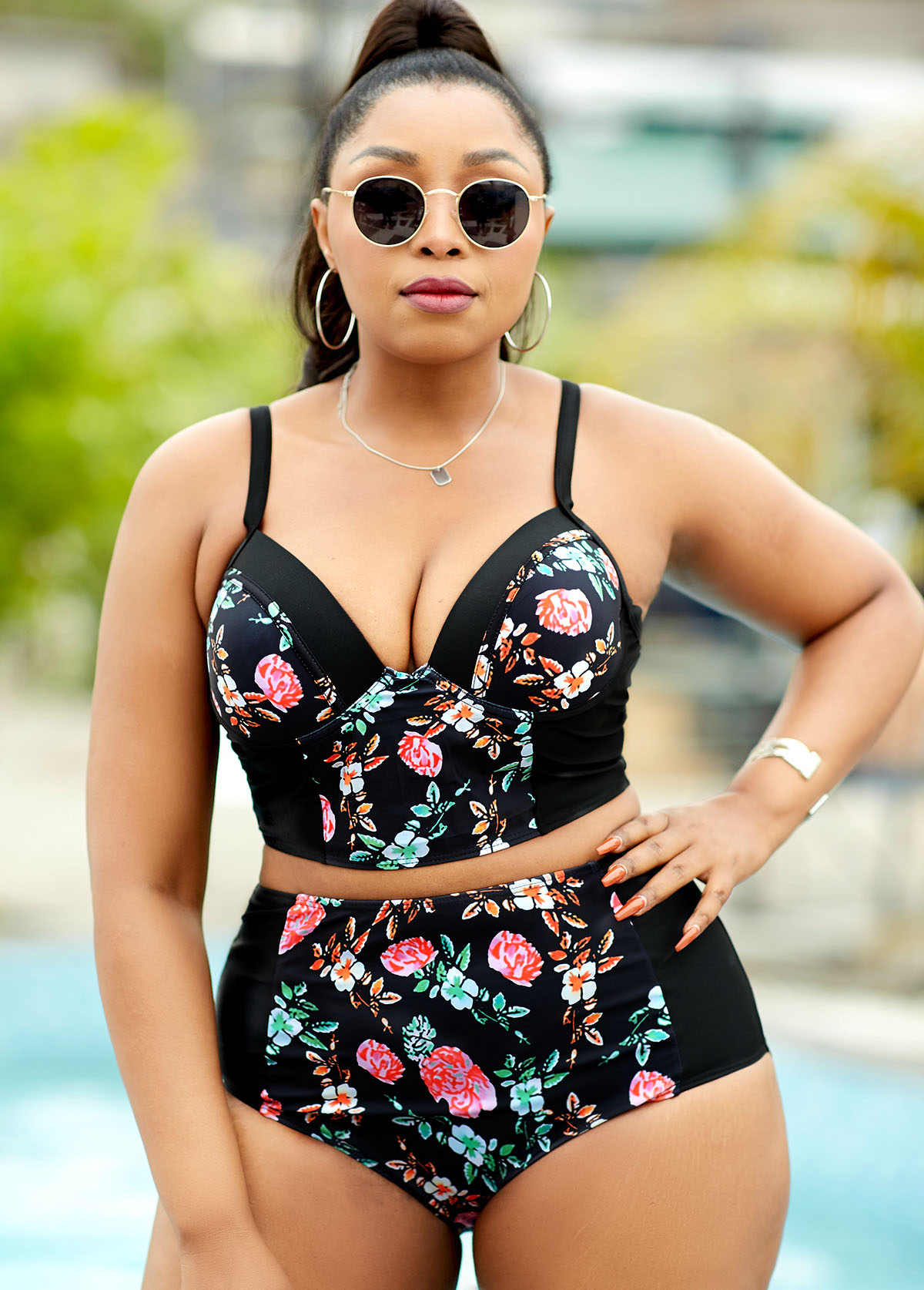 Black plus size,Floral plus size,Floral Print Plus Size High Waisted Bikini Set