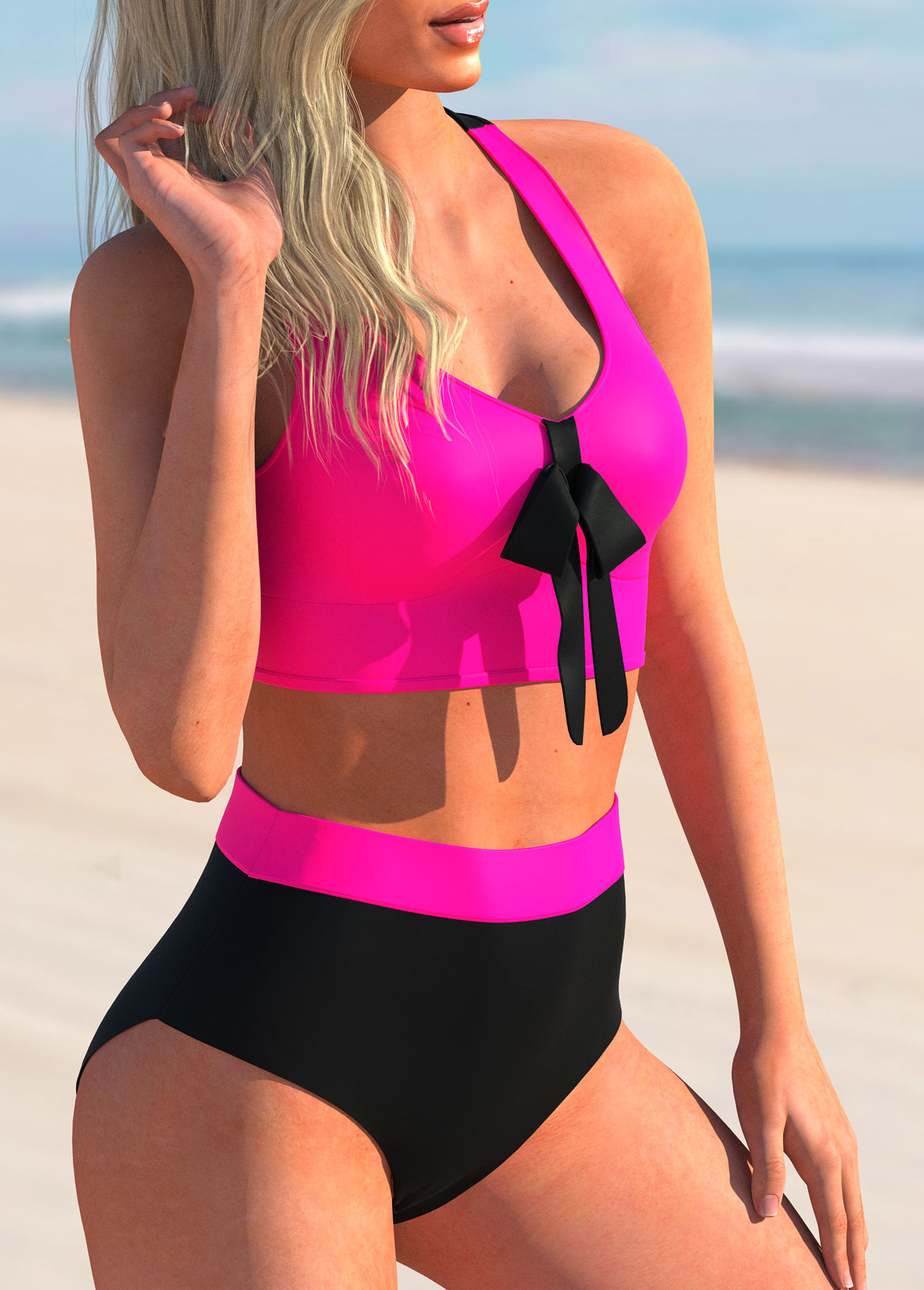 Hot Pink swimwear,Contrast Color swimwear,ROTITA Bowknot Criss Cross Back Printed Bikini Set