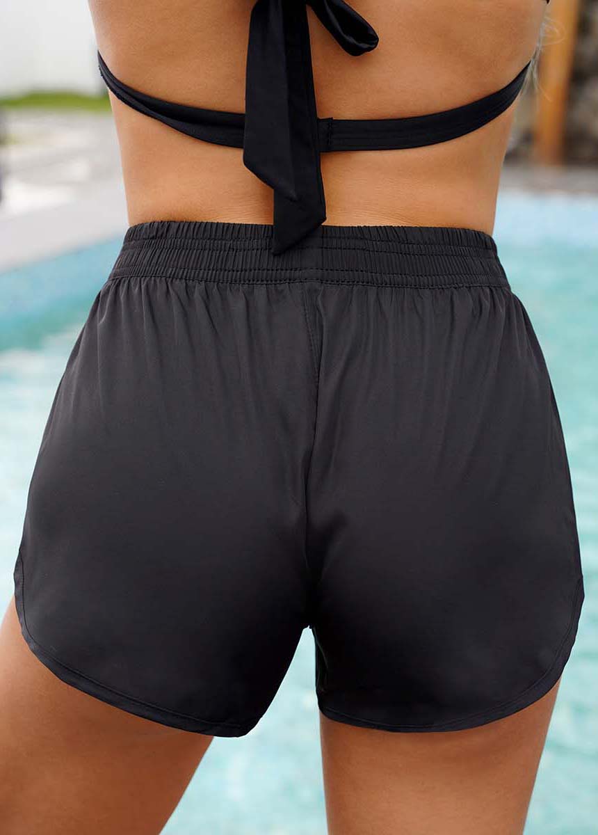 Black swimwear,Plain Color swimwear,ROTITA Solid Mid Waist Dolphin Hem Shorts