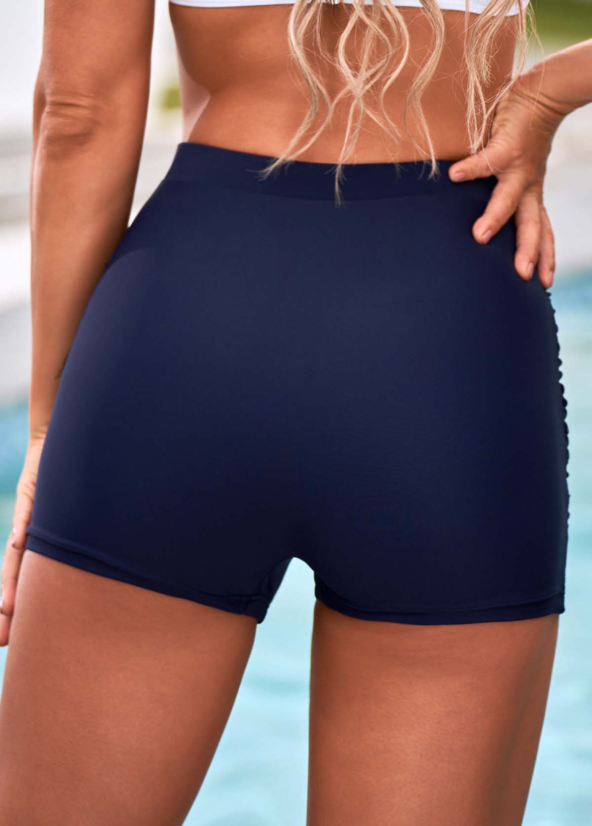 Plain Color swimwear,High Waisted Navy Blue Ruched Swim Shorts