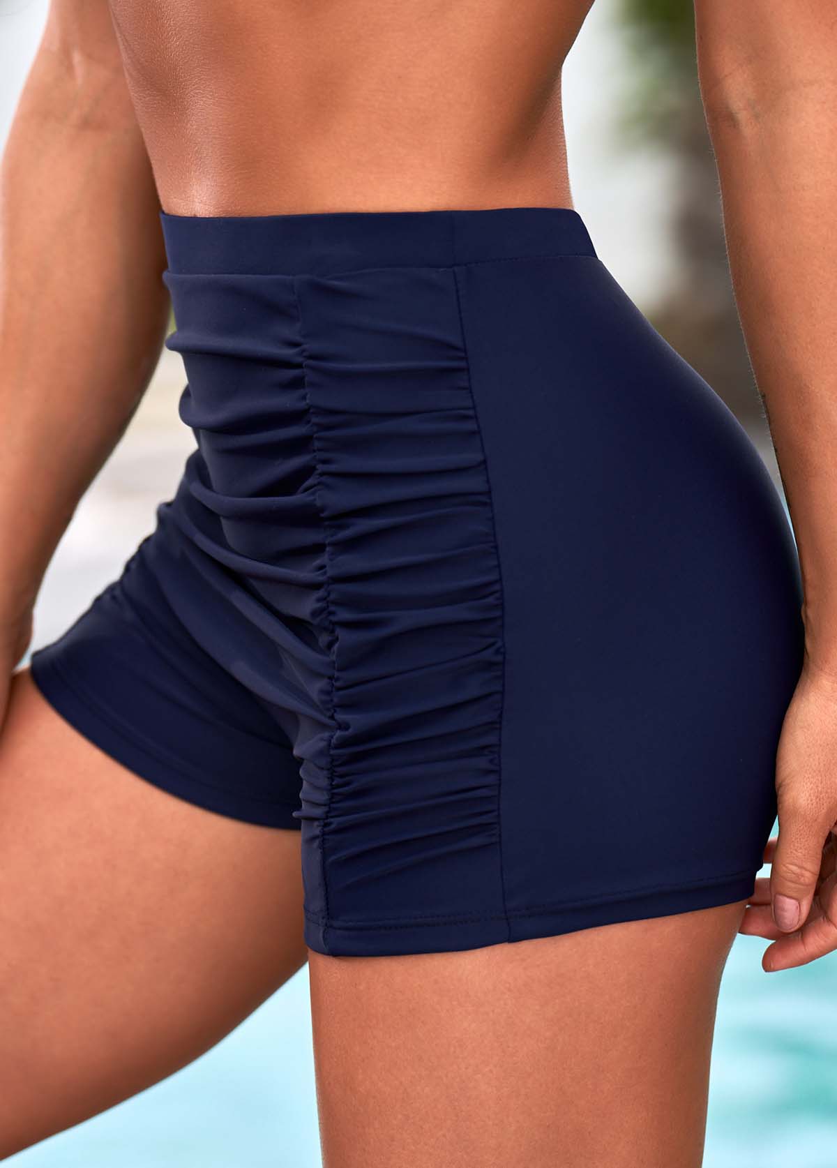 Plain Color swimwear,High Waisted Navy Blue Ruched Swim Shorts