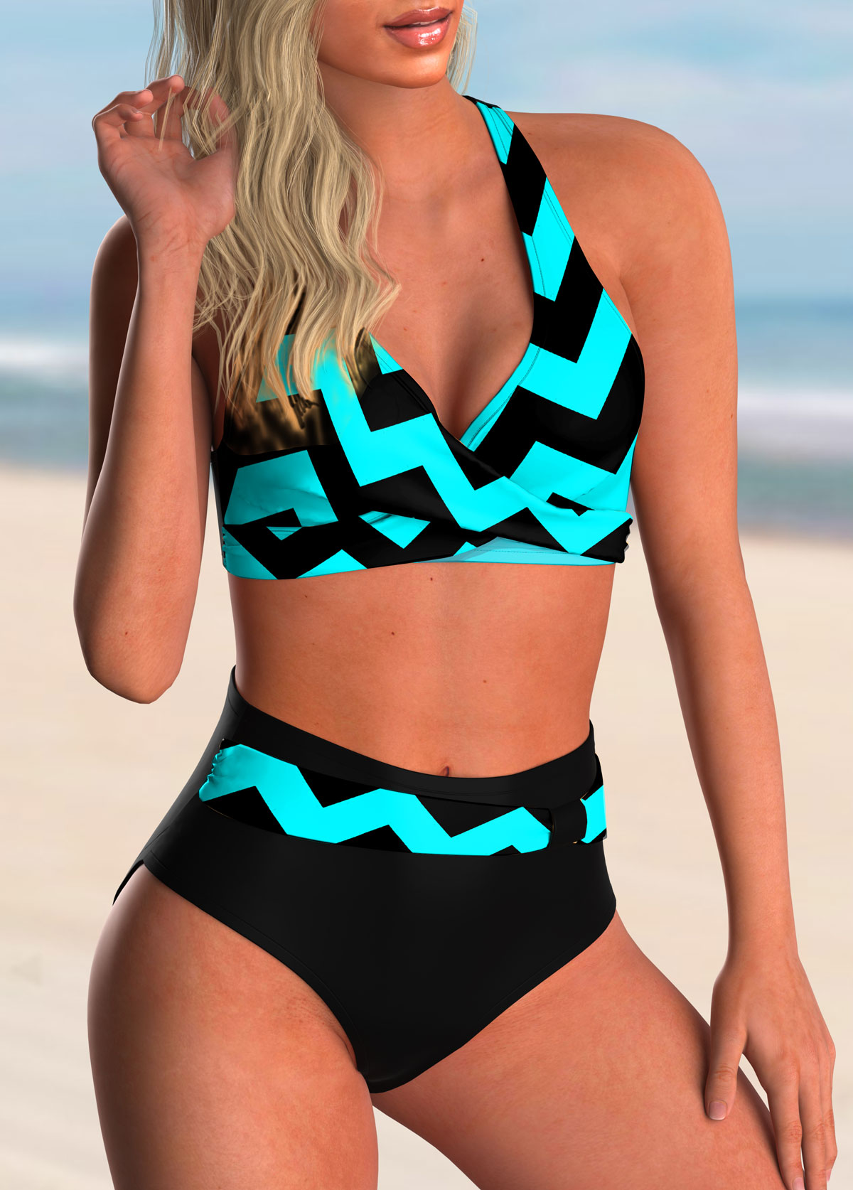 Cyan swimwear,Geometric swimwear,ROTITA Criss Cross Back Geometric Print Bikini Set