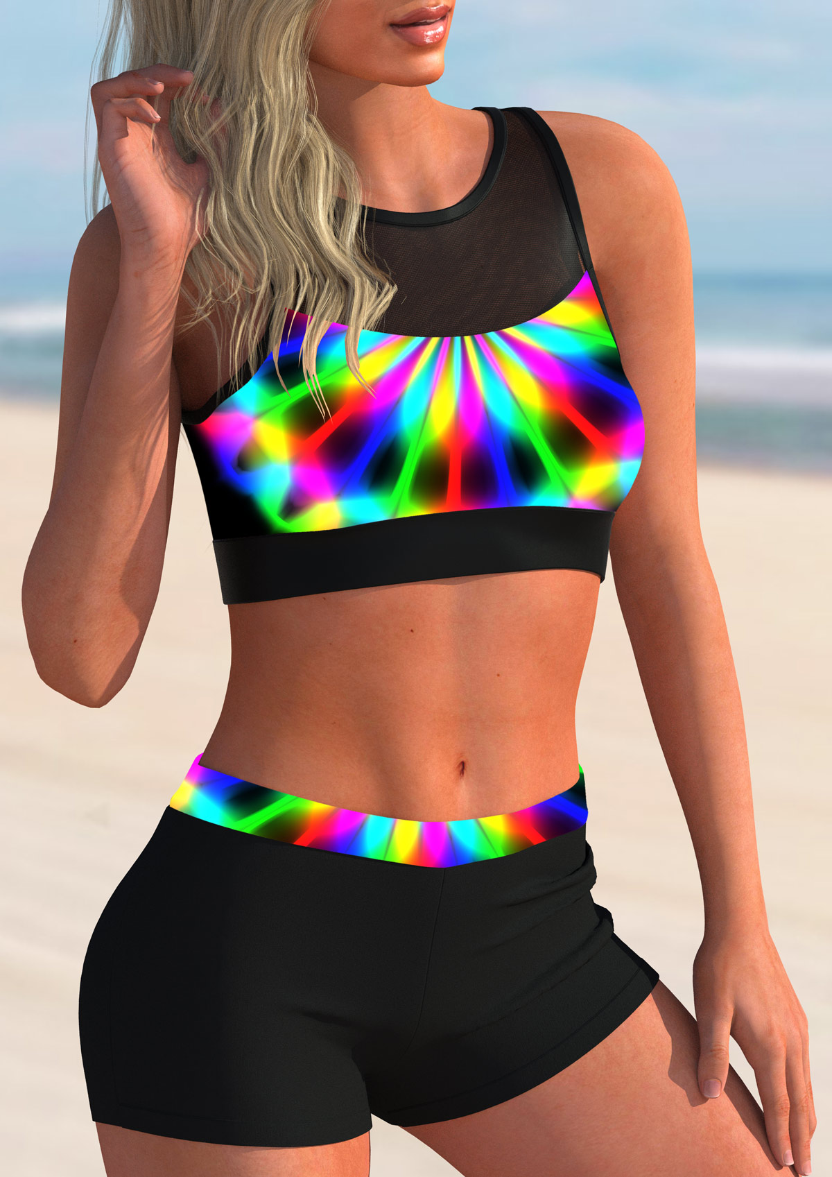 Multi Color swimwear,Dazzle Colorful swimwear,ROTITA Mesh Stitching Rainbow Color Printed Bikini Set