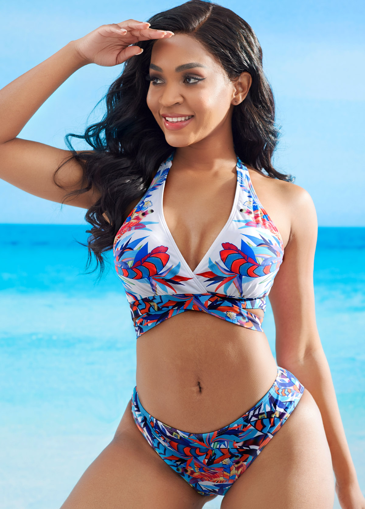 Multi Color swimwear,Floral swimwear,Tie Back Cross Front Halter Bikini Set 