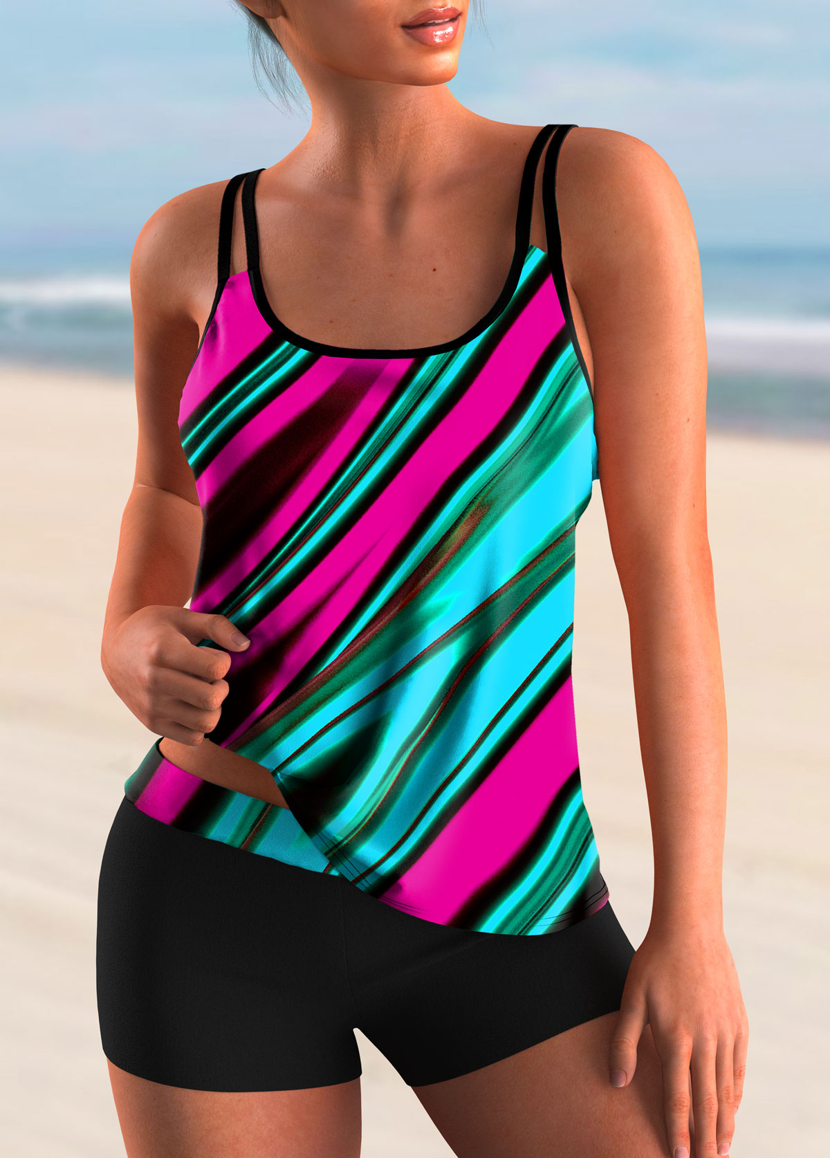 Multi Color swimwear,Striped swimwear,ROTITA Spaghetti Strap Colorful Striped Tankini Set