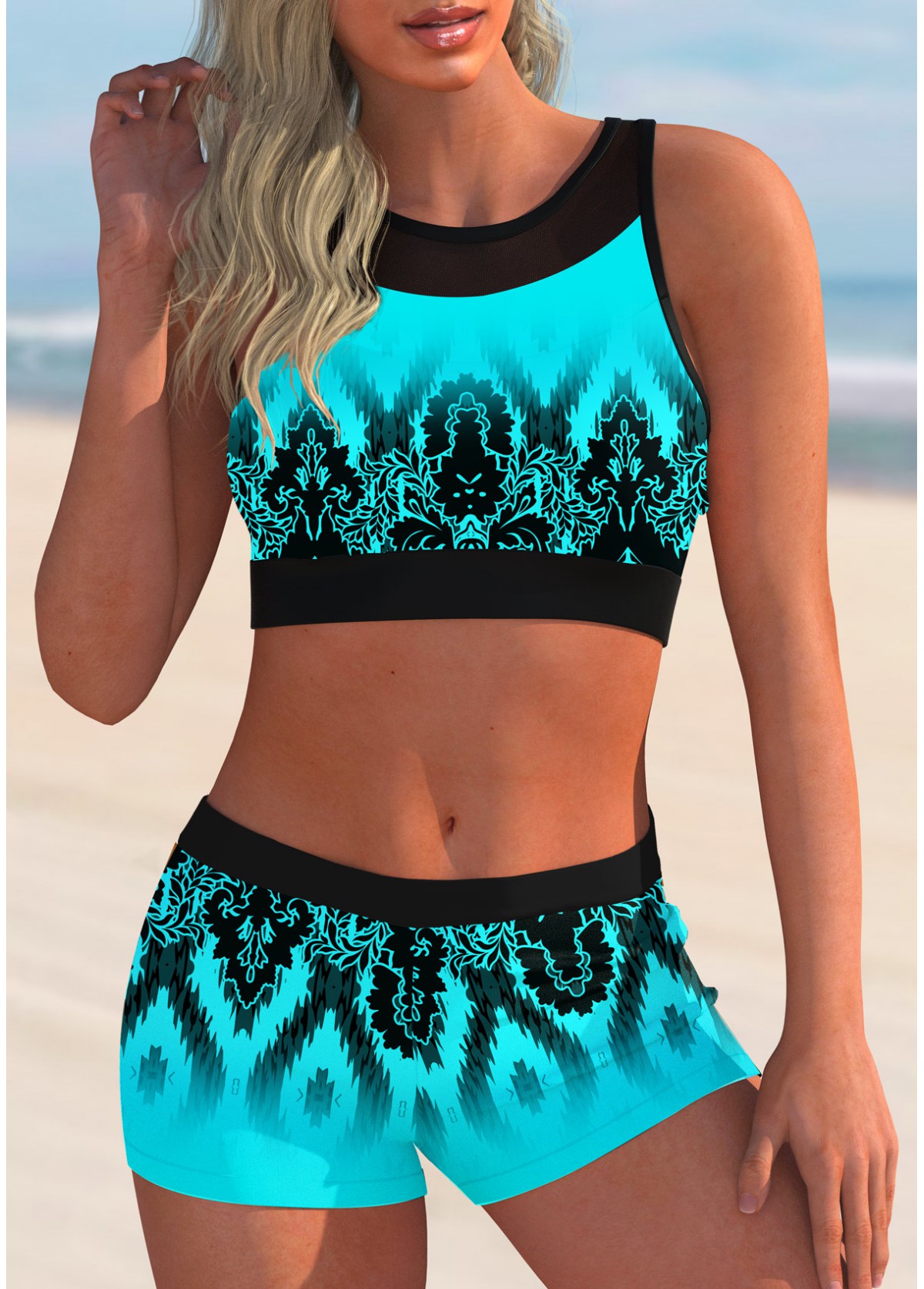 ROTITA Mesh Stitching Tribal Print Bikini Set
