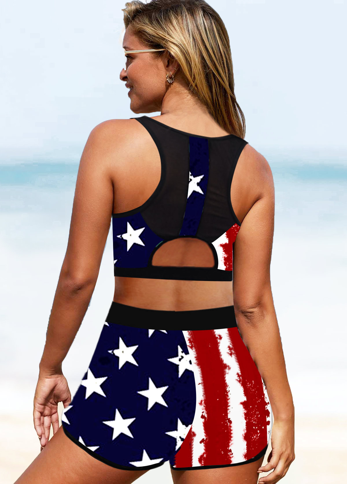 Multi Color swimwear,Flag swimwear,ROTITA High Waisted American Flag Print Bikini Set