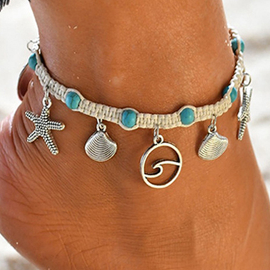 Seashell Design Silver Metal Turquoise Anklet