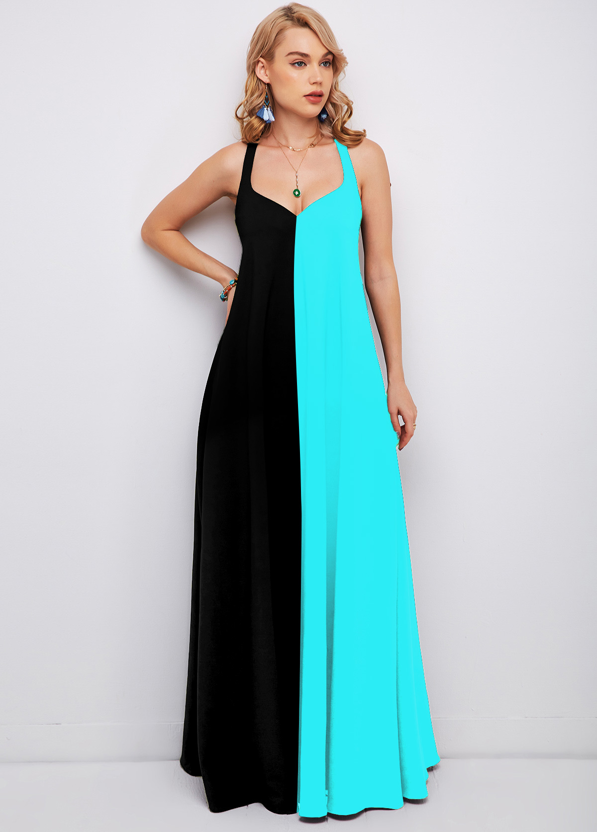Multi Color dresses,Contrast Color dresses,ROTITA Maxi Color Block Spaghetti Strap Dress