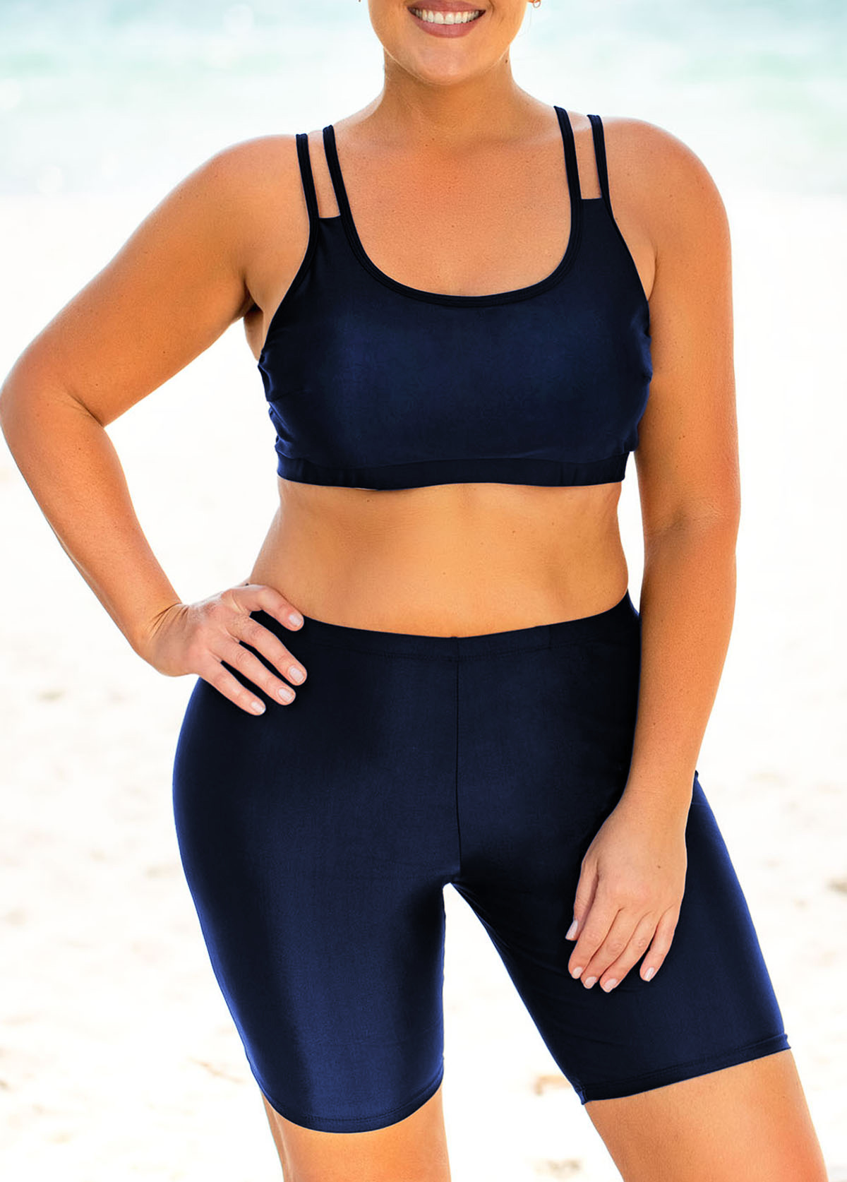 Navy plus size,Plain Color plus size,ROTITA High Waisted Plus Size Spaghetti Strap Bikini Set