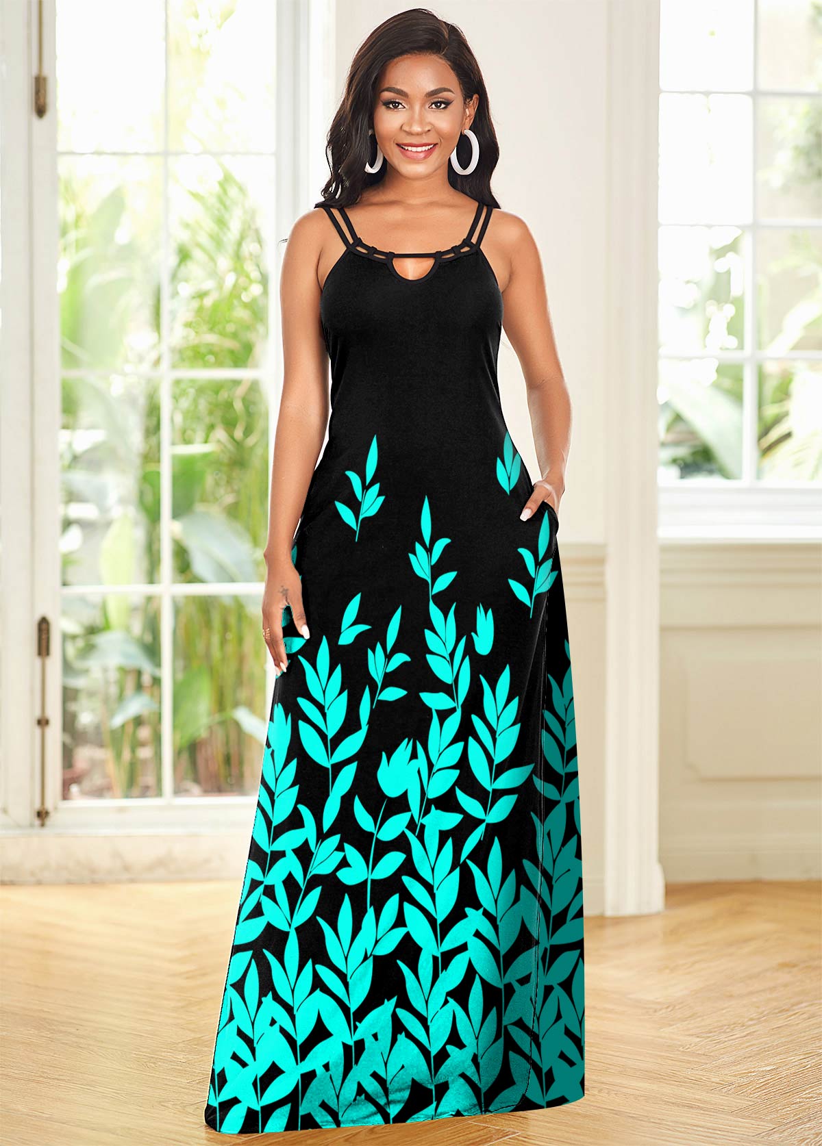 Blue dresses,Plants dresses,ROTITA Double Straps Leaf Print Maxi Dress 