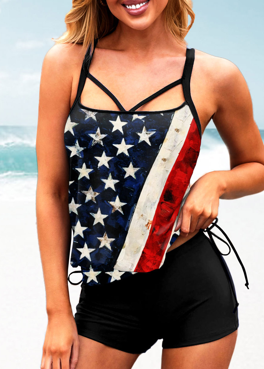 Multi Color swimwear,Flag swimwear,ROTITA American Flag Print Blouson Tankini Set